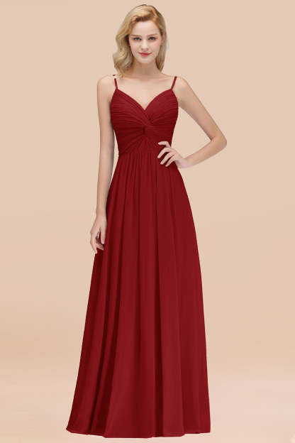 Chic V-Neck Pleated Backless Bridesmaid Dresses with Spaghetti Straps-Babyonlines