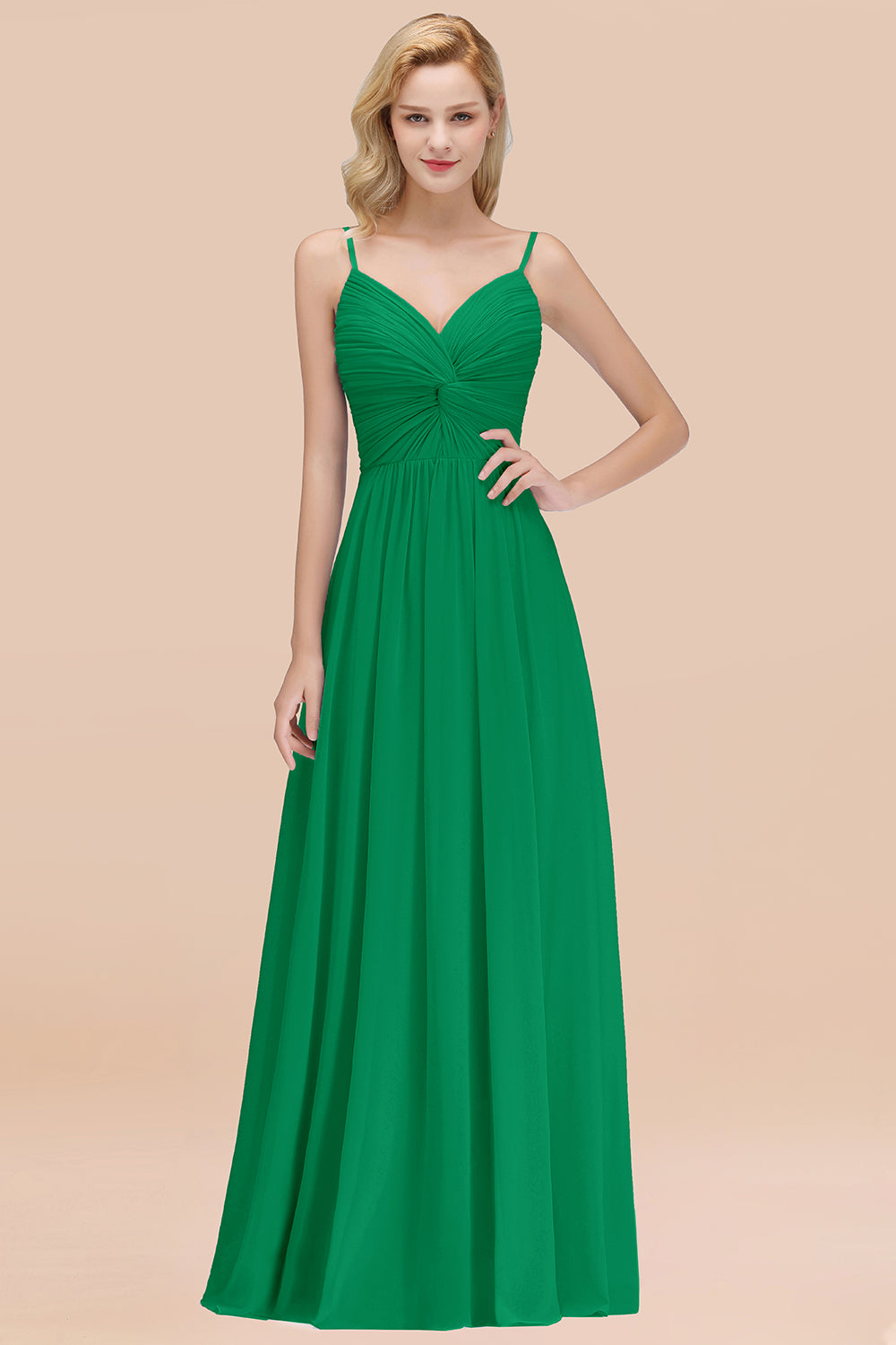 Chic V-Neck Pleated Backless Bridesmaid Dresses with Spaghetti Straps-Babyonlines