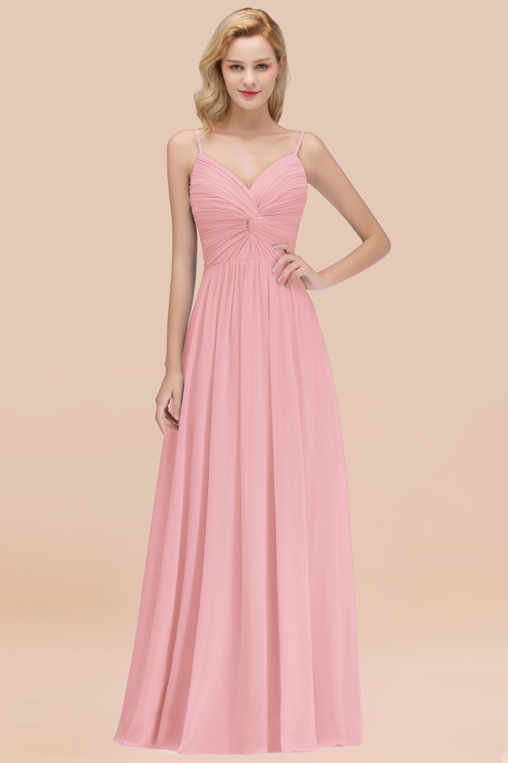 Chic V-Neck Pleated Backless Bridesmaid Dresses with Spaghetti Straps-Babyonlines