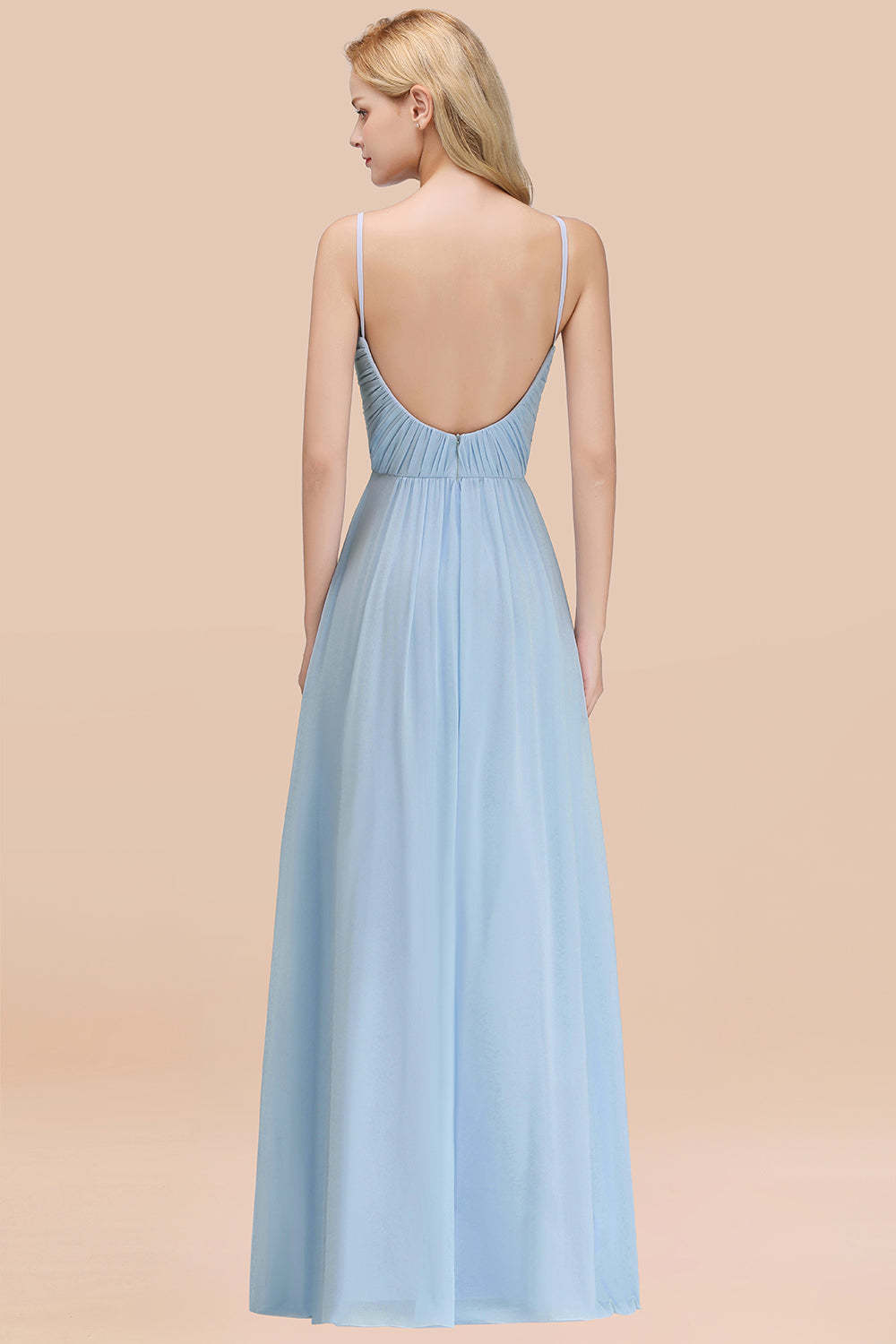 Chic V-Neck Pleated Backless Bridesmaid Dresses with Spaghetti Straps-Babyonlines