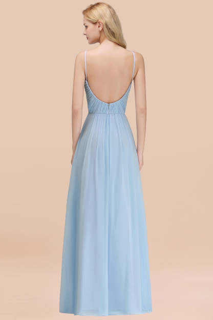 Chic V-Neck Pleated Backless Bridesmaid Dresses with Spaghetti Straps-Babyonlines