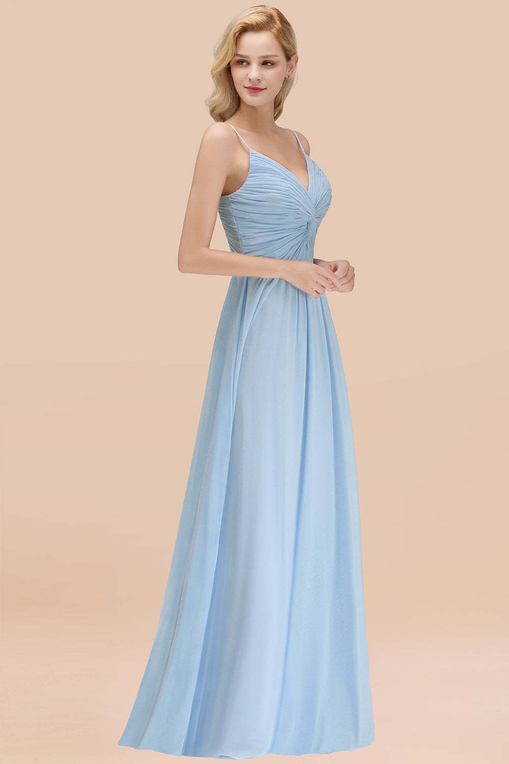 Chic V-Neck Pleated Backless Bridesmaid Dresses with Spaghetti Straps-Babyonlines