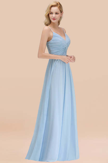 Chic V-Neck Pleated Backless Bridesmaid Dresses with Spaghetti Straps-Babyonlines