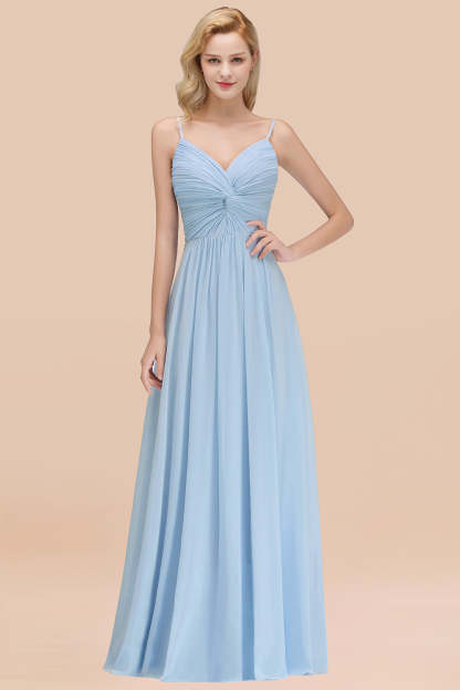 Chic V-Neck Pleated Backless Bridesmaid Dresses with Spaghetti Straps-Babyonlines