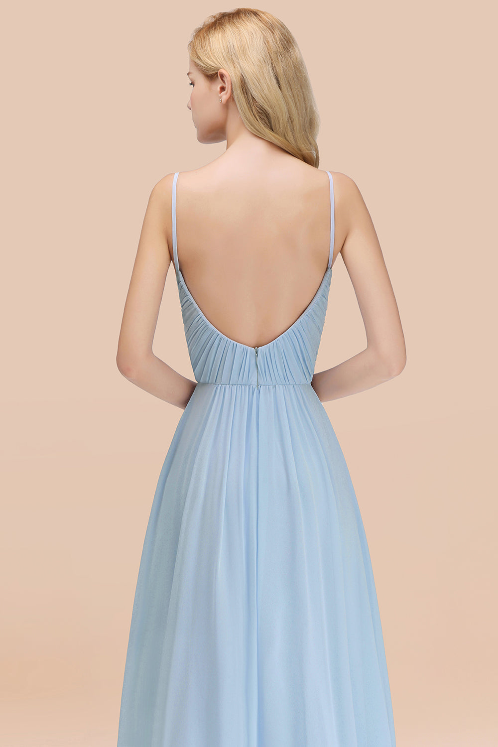Chic V-Neck Pleated Backless Bridesmaid Dresses with Spaghetti Straps-Babyonlines