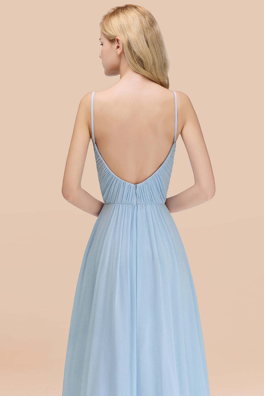 Chic V-Neck Pleated Backless Bridesmaid Dresses with Spaghetti Straps-Babyonlines