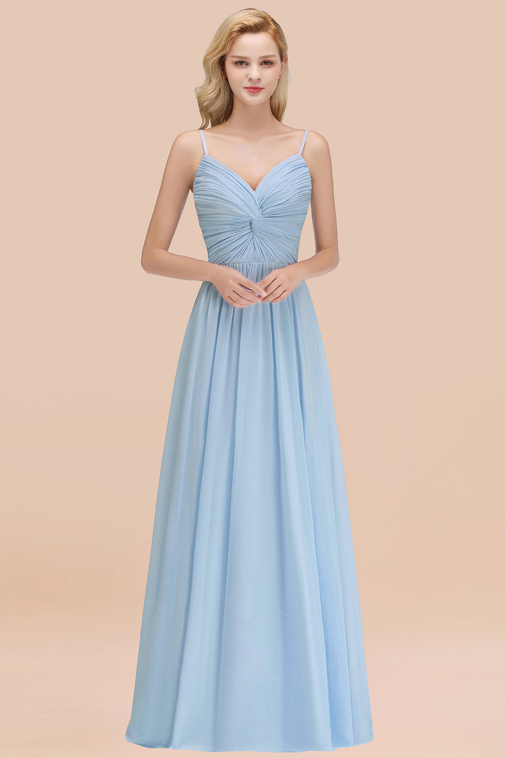 Chic V-Neck Pleated Backless Bridesmaid Dresses with Spaghetti Straps-Babyonlines