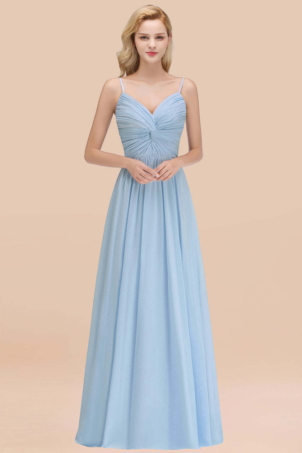 Chic V-Neck Pleated Backless Bridesmaid Dresses with Spaghetti Straps-Babyonlines