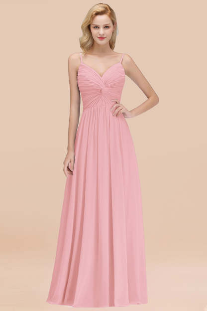 Chic V-Neck Pleated Backless Bridesmaid Dresses with Spaghetti Straps-Babyonlines