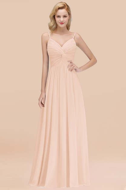 Chic V-Neck Pleated Backless Bridesmaid Dresses with Spaghetti Straps-Babyonlines