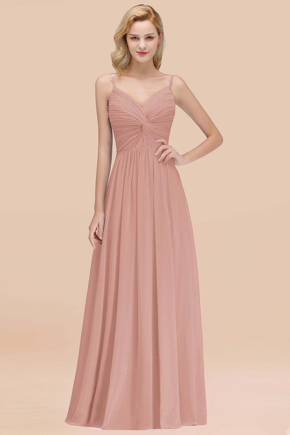 Chic V-Neck Pleated Backless Bridesmaid Dresses with Spaghetti Straps-Babyonlines