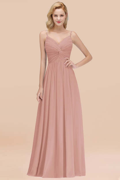 Chic V-Neck Pleated Backless Bridesmaid Dresses with Spaghetti Straps-Babyonlines