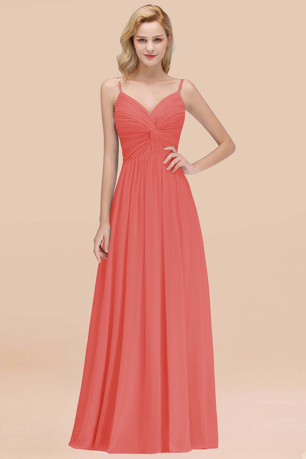 Chic V-Neck Pleated Backless Bridesmaid Dresses with Spaghetti Straps-Babyonlines