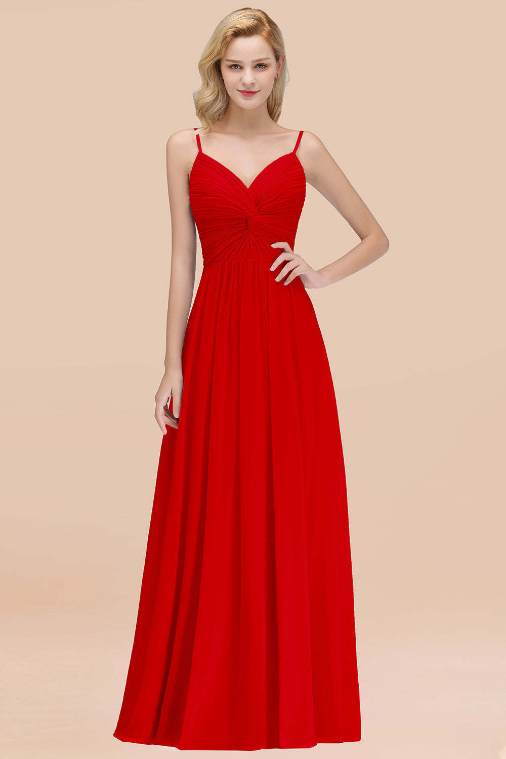 Chic V-Neck Pleated Backless Bridesmaid Dresses with Spaghetti Straps-Babyonlines