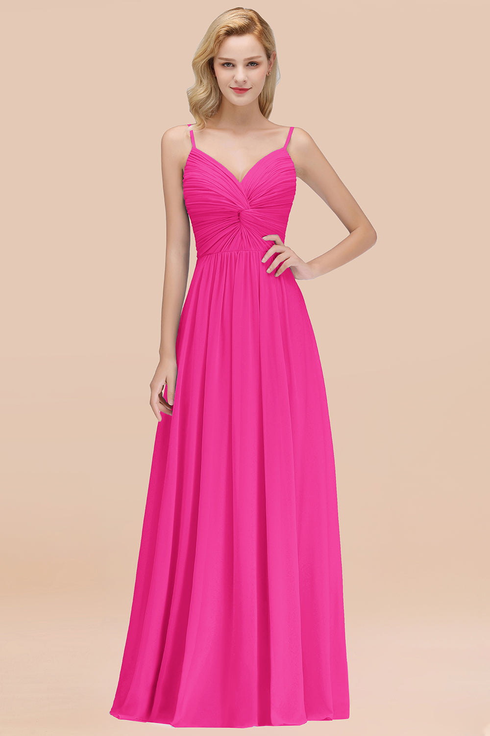 Chic V-Neck Pleated Backless Bridesmaid Dresses with Spaghetti Straps-Babyonlines