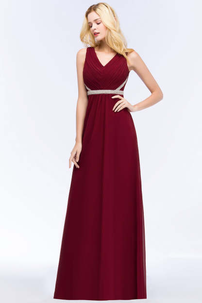 Chiffon Burgundy Long Affordable Bridesmaid Dress With Beading Sash-Babyonlines