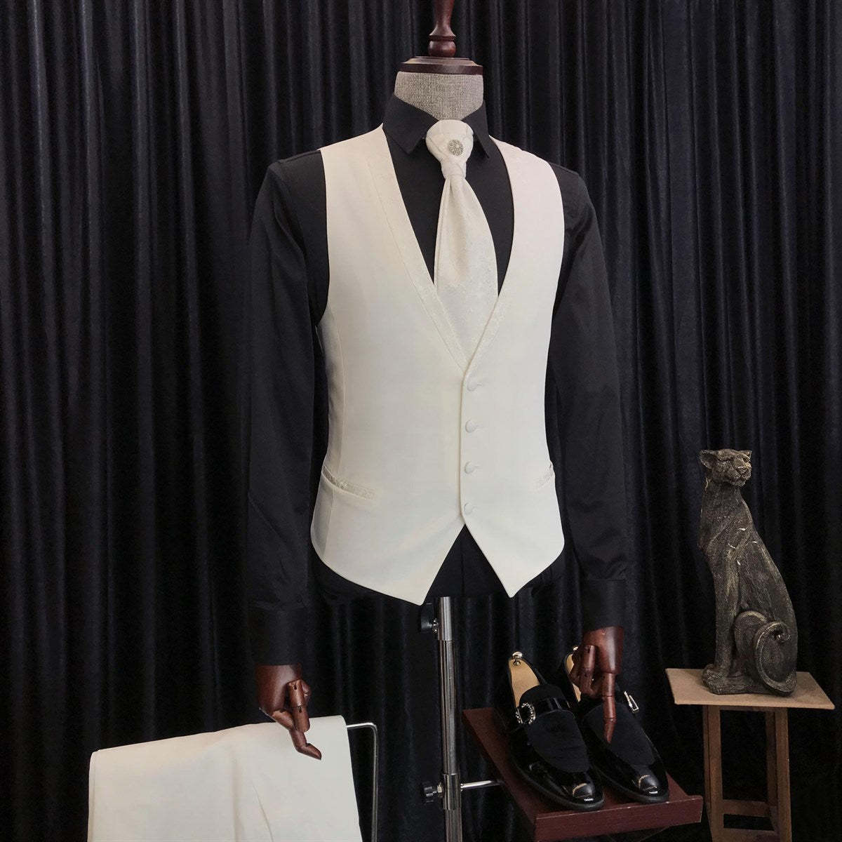 Christian White Jacquard Three-Piece Wedding Suit with Unique Lapel