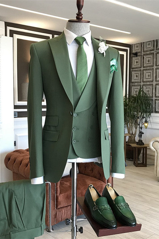 Classic Green Three-Piece Casual Suit with Peaked Lapel