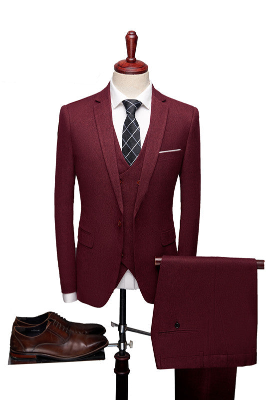 Classic Red Notch Collar Suit - Elegant 3 Piece for Men's Wedding