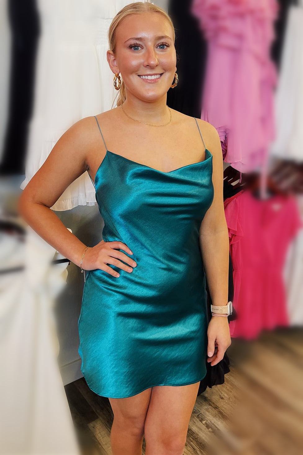 Cowl Neck Teal Straps Short Homecoming Dress