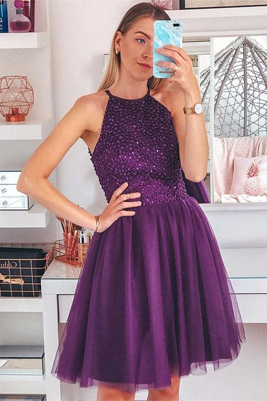 Cute Grape Beaded Short Homecoming Dress