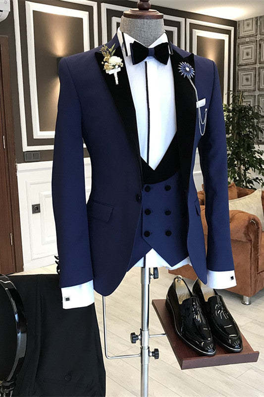Devin Navy Blue Three Pieces Bespoke Business Suits With Black Peaked Lapel