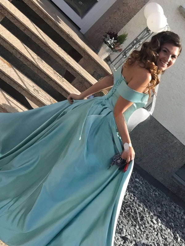 Elegant A-line Off-the-shoulder Satin Prom Dress with Split Front and Sweep Train