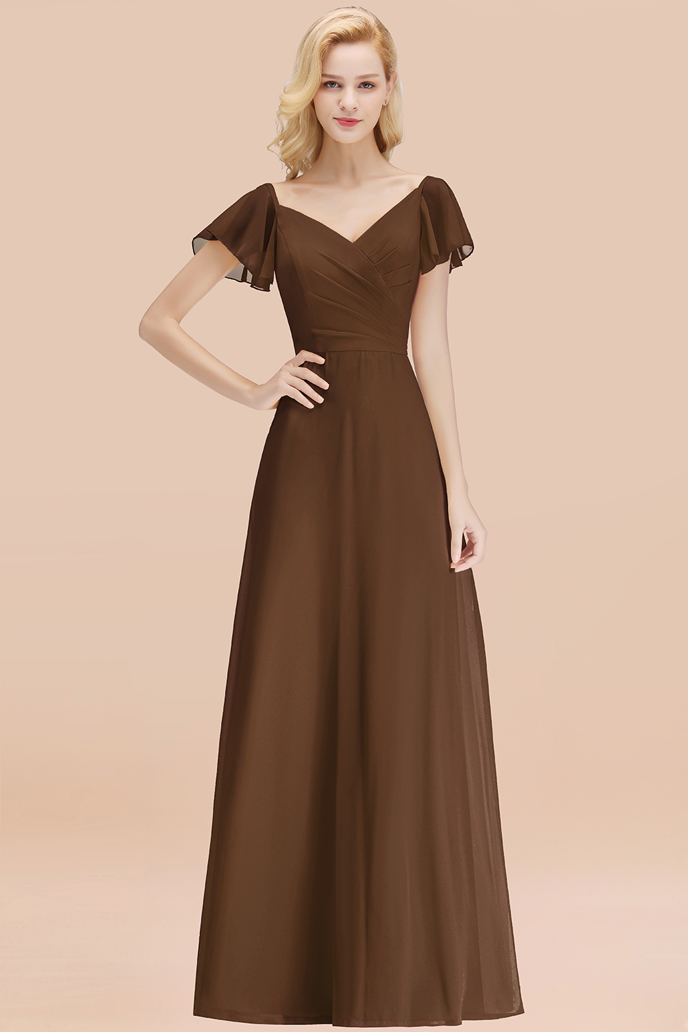 Elegant Brown V Neck Short Sleeves Chiffon A-line Long Bridesmaid Dress