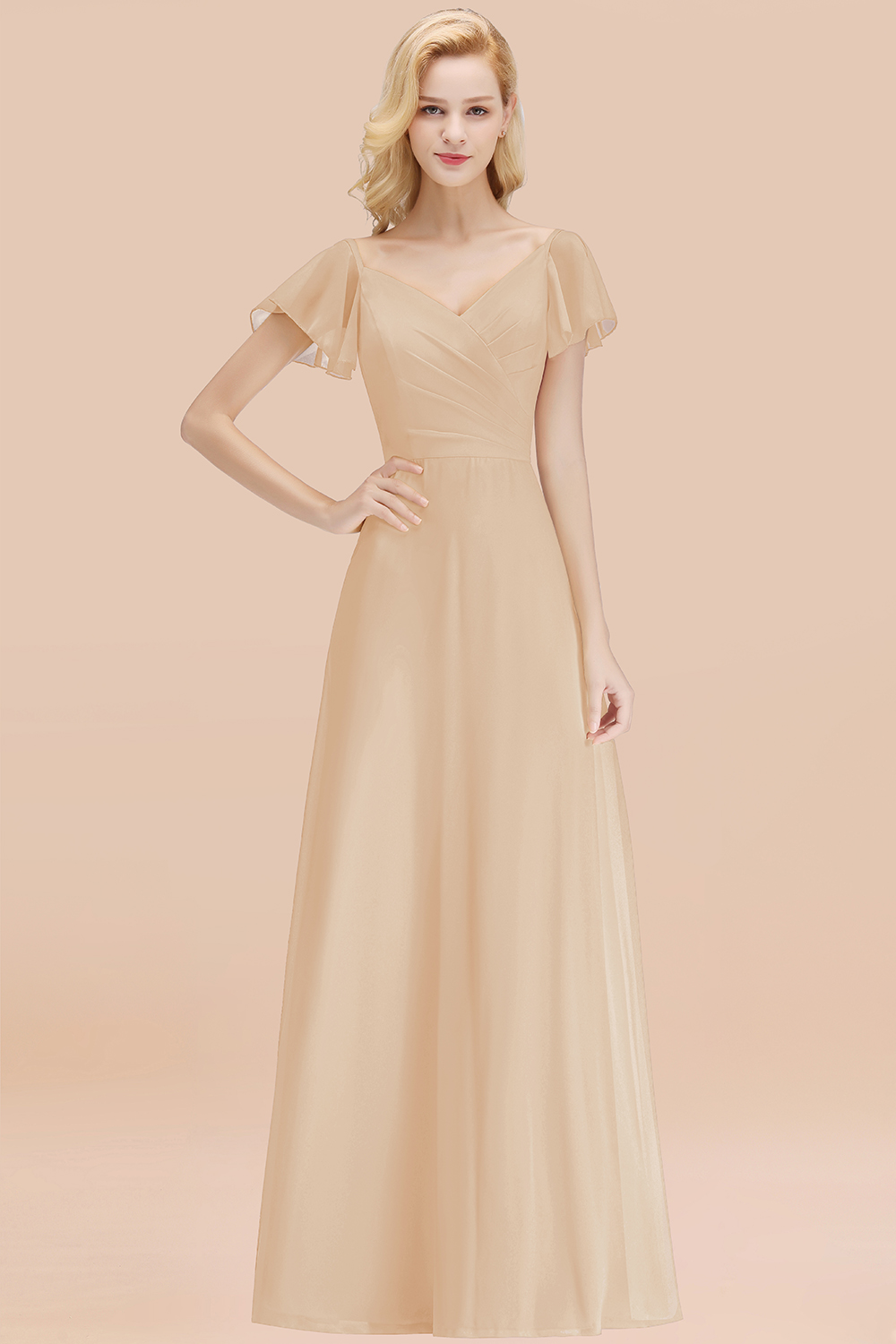 Elegant Champagne V Neck Short Sleeves Chiffon A-line Long Bridesmaid Dress