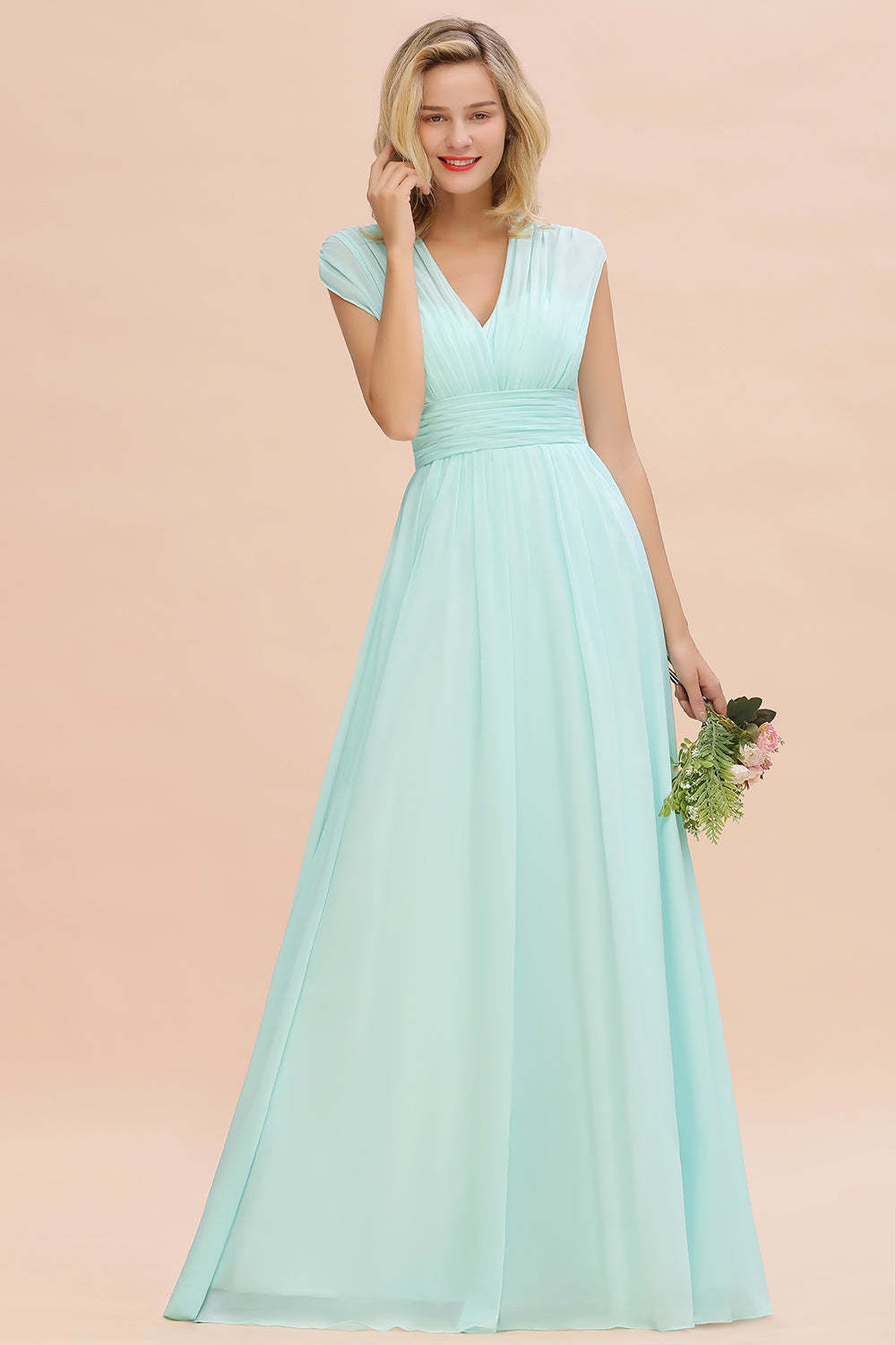 Elegant Chiffon V-Neck Ruffle Long Bridesmaid Dresses Affordable-Babyonlines