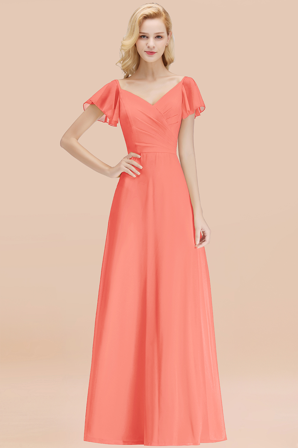 Elegant Coral V Neck Short Sleeves Chiffon A-line Long Bridesmaid Dress