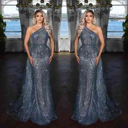 Elegant Dark Blue One Shoulder Mermaid Evening Dress with Sequins Applique