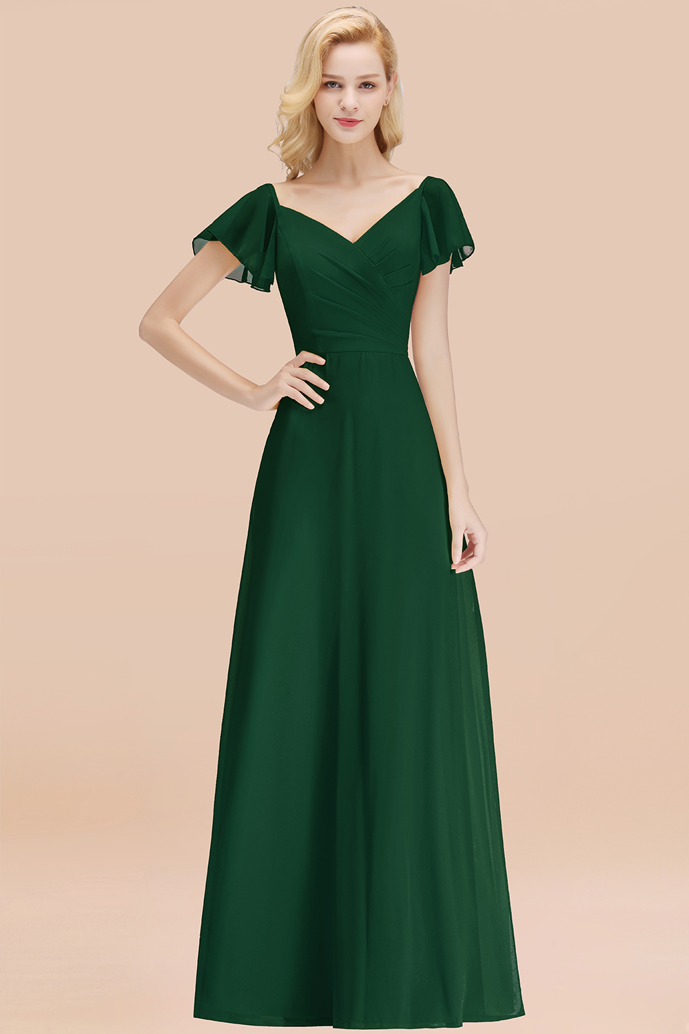 Elegant Dark Green V Neck Short Sleeves Chiffon A-line Long Bridesmaid Dress