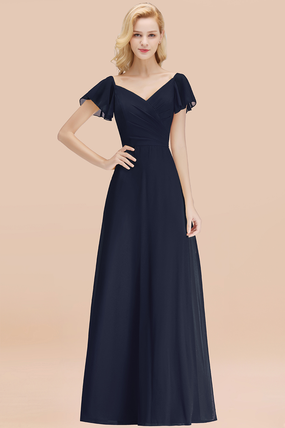 Elegant Dark Navy V Neck Short Sleeves Chiffon A-line Long Bridesmaid Dress