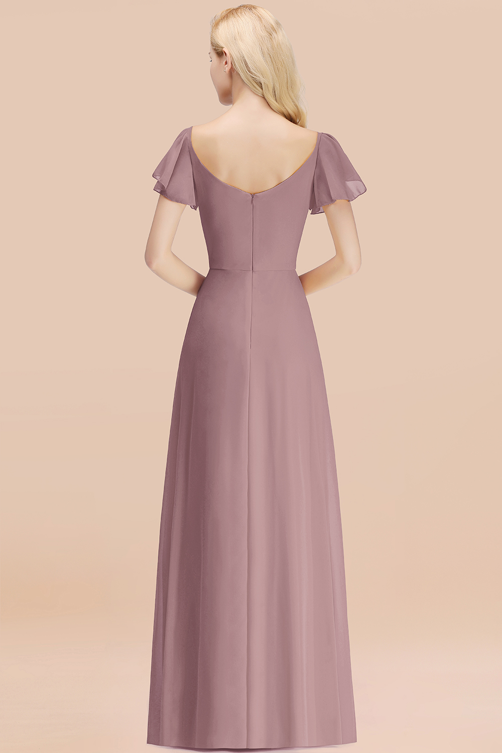 Elegant Dusk V Neck Short Sleeves Chiffon A-line Long Bridesmaid Dress