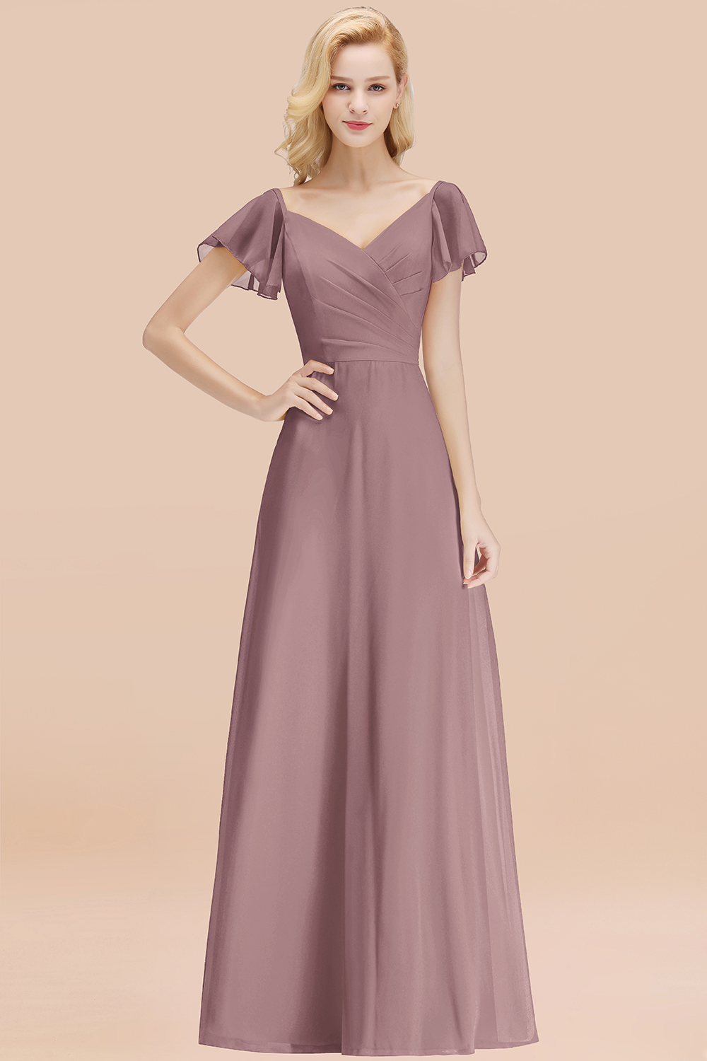 Elegant Dusk V Neck Short Sleeves Chiffon A-line Long Bridesmaid Dress