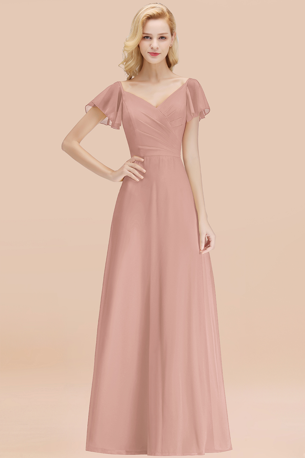 Elegant Dusty Rose V Neck Short Sleeves Chiffon A-line Long Bridesmaid Dress