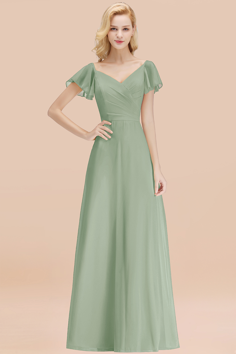 Elegant Dusty Sage V Neck Short Sleeves Chiffon A-line Long Bridesmaid Dress
