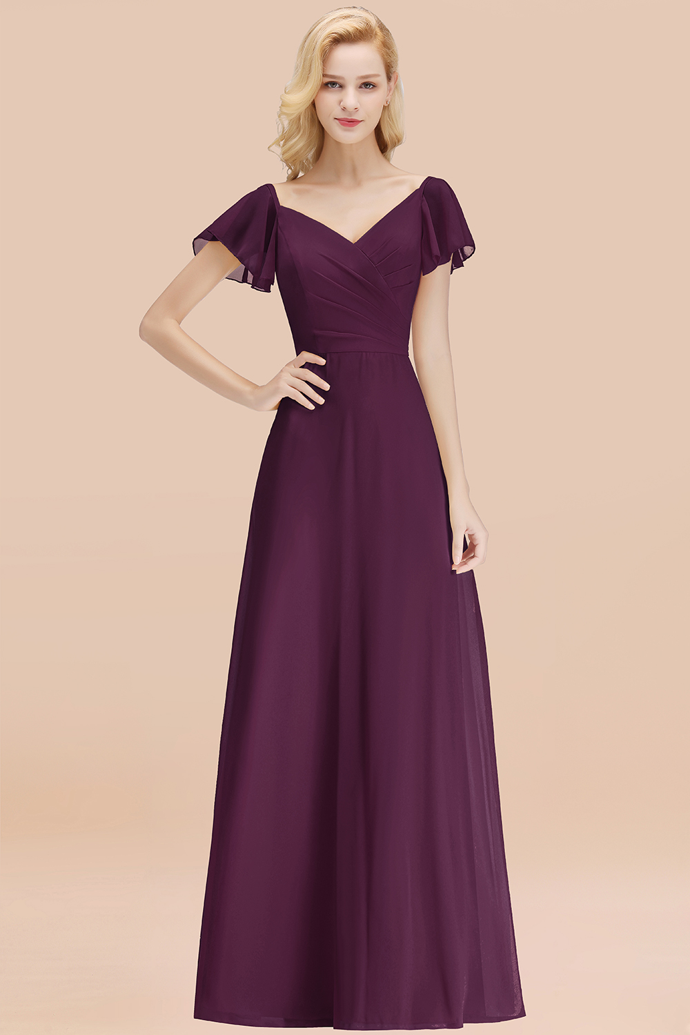 Elegant Grape V Neck Short Sleeves Chiffon A-line Long Bridesmaid Dress