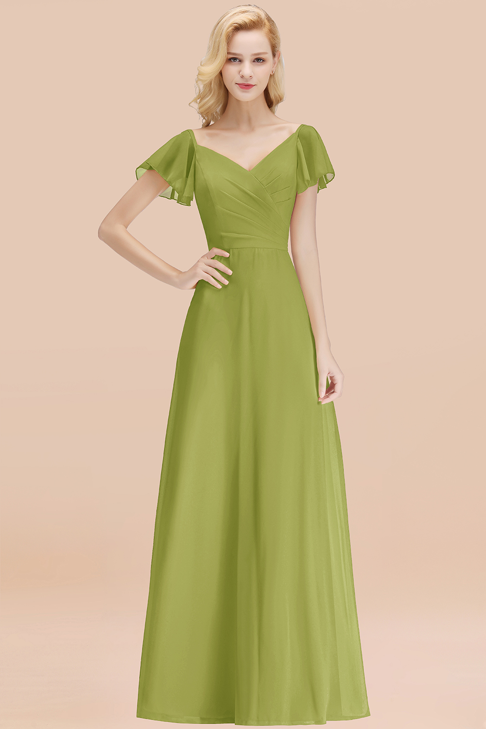Elegant Green V Neck Short Sleeves Chiffon A-line Long Bridesmaid Dress