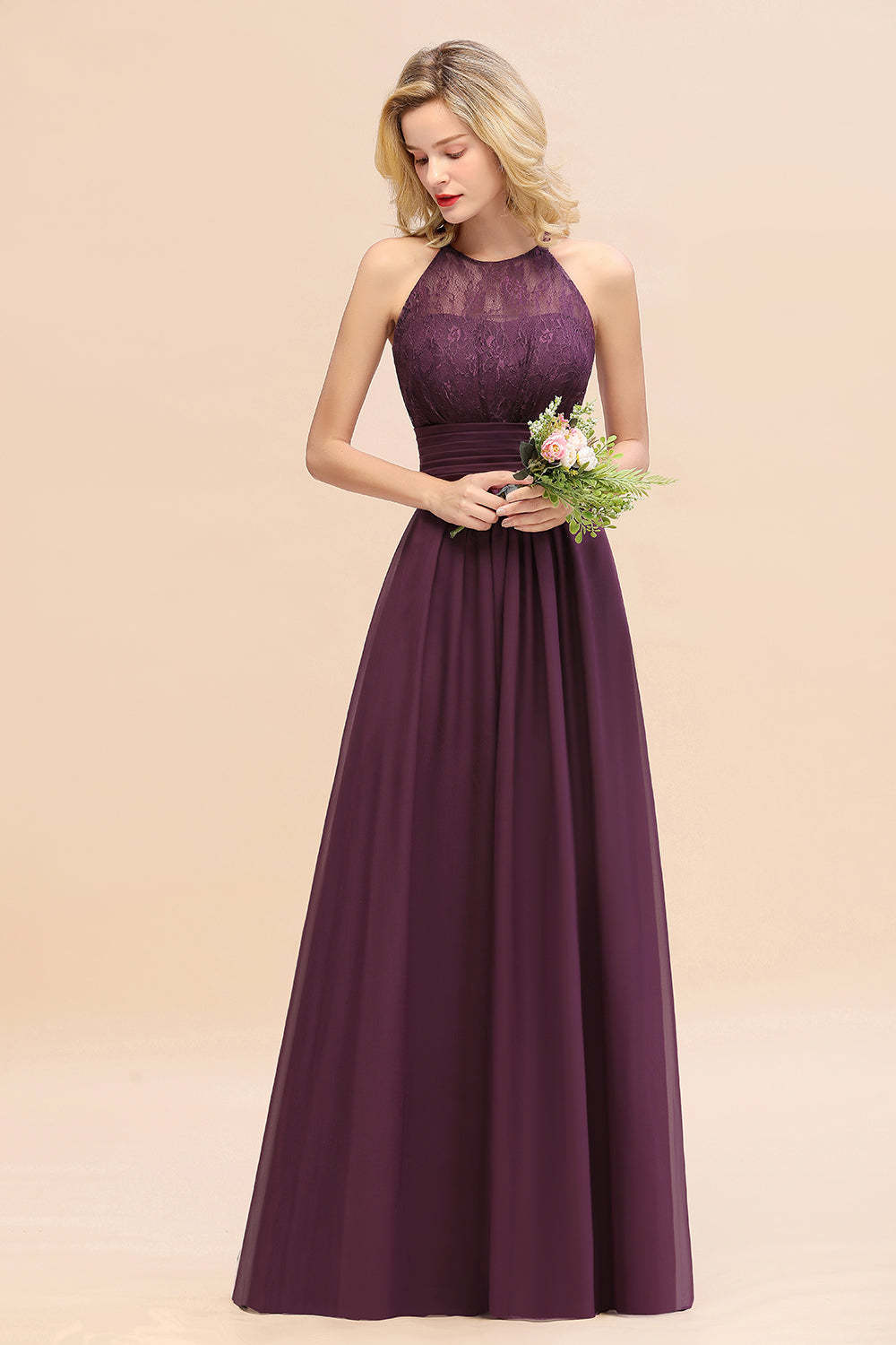 Elegant Halter Ruffles Sleeveless Grape Lace Bridesmaid Dresses Affordable-Babyonlines