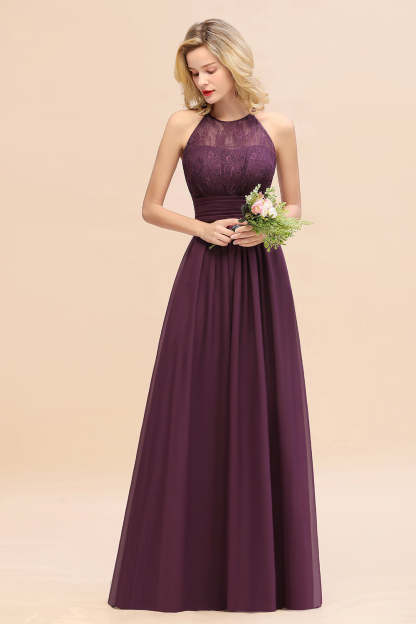 Elegant Halter Ruffles Sleeveless Grape Lace Bridesmaid Dresses Affordable-Babyonlines