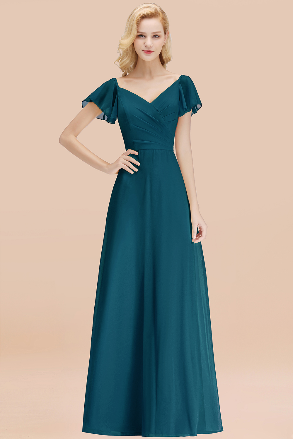 Elegant Ink Blue V Neck Short Sleeves Chiffon A-line Long Bridesmaid Dress