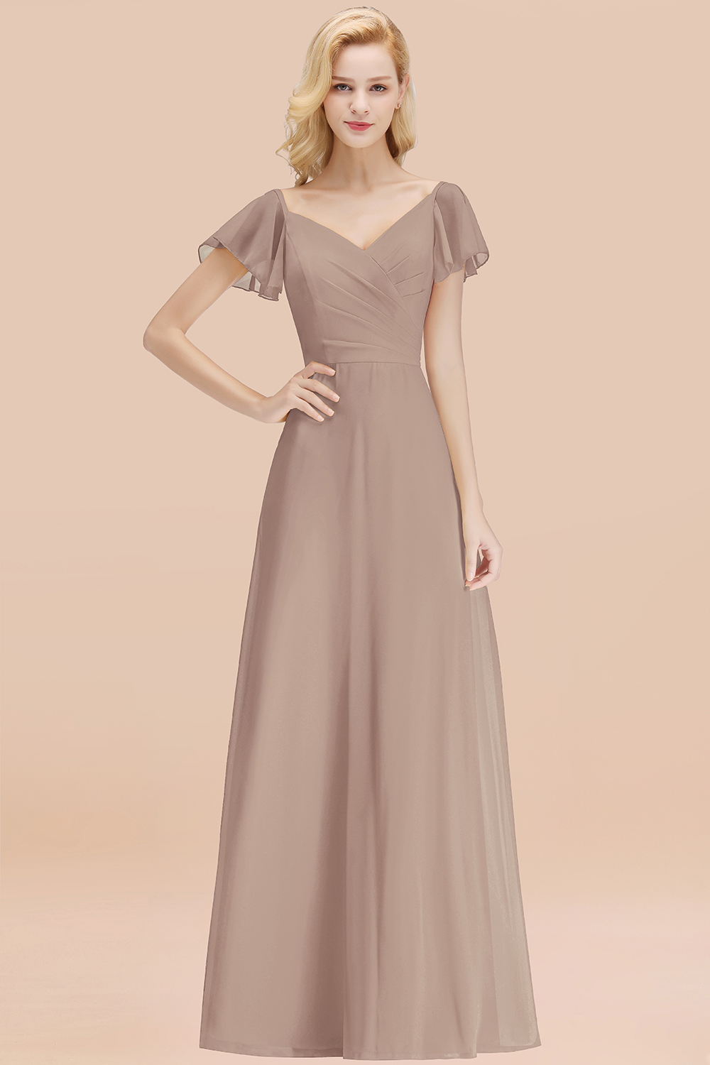 Elegant Khaki V Neck Short Sleeves Chiffon A-line Long Bridesmaid Dress