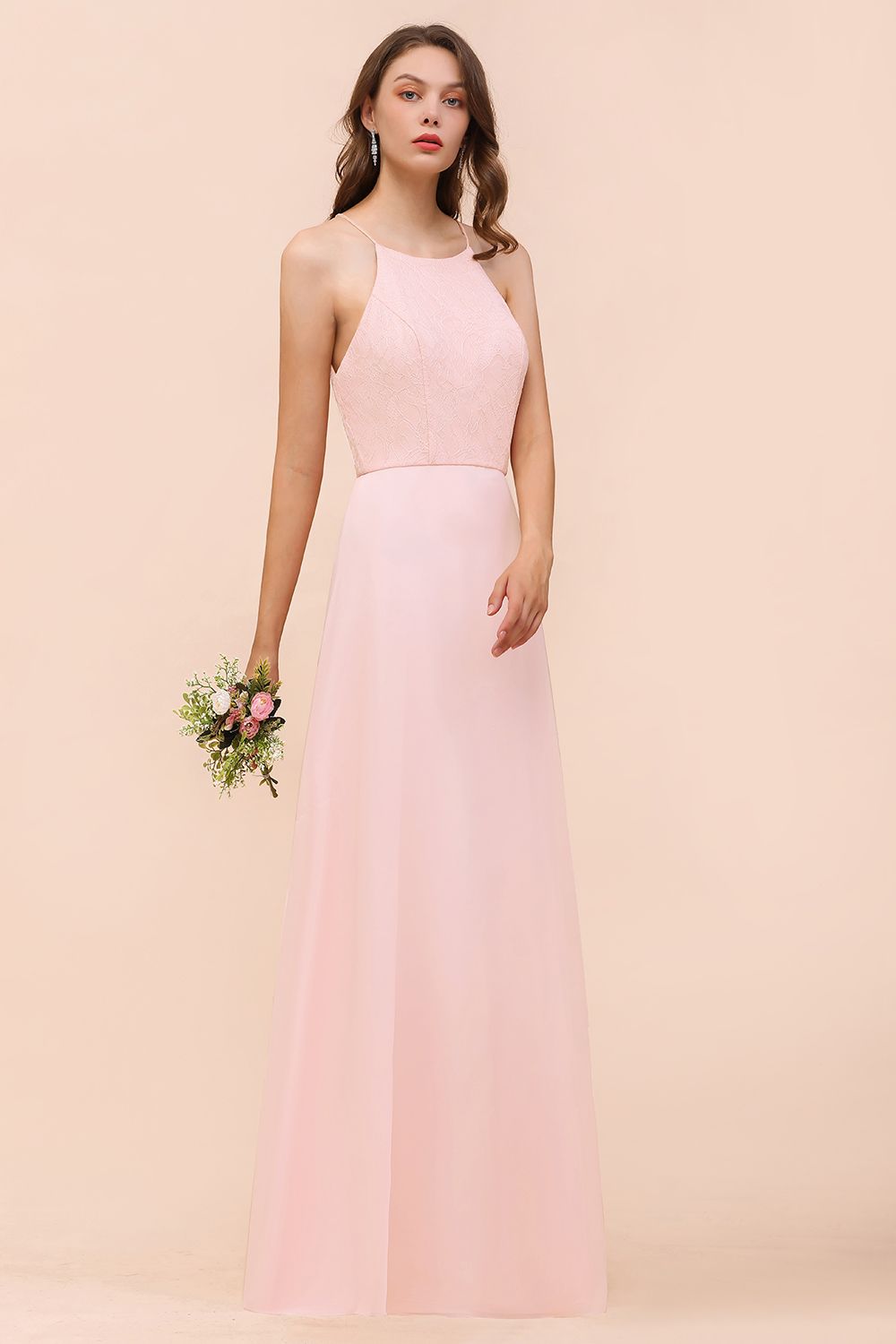 Elegant Lace Spaghetti Straps Affordable Long Bridesmaid Dress-Babyonlines