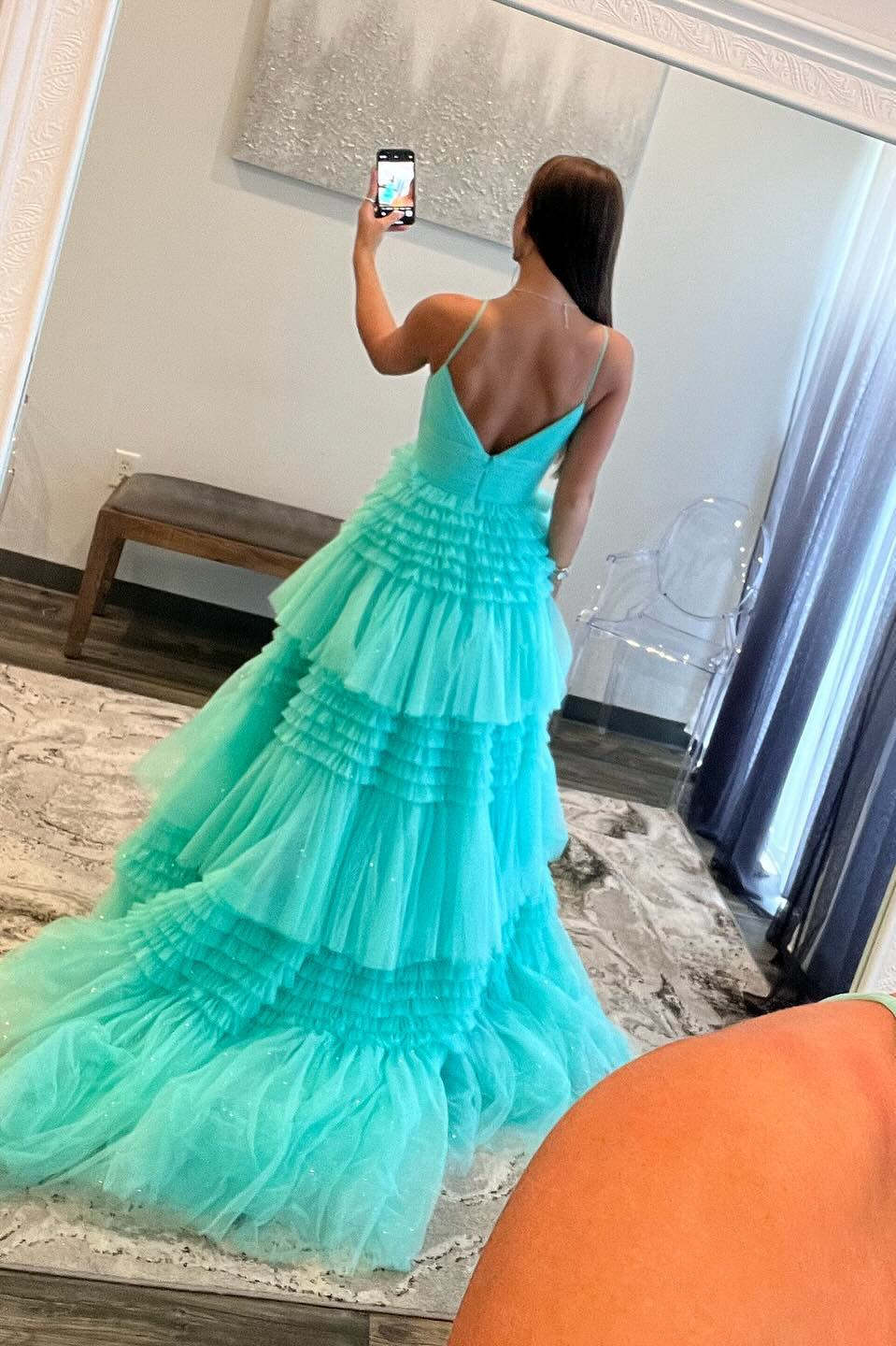 Elegant Light Blue Side Slit Tulle Long Prom Dress