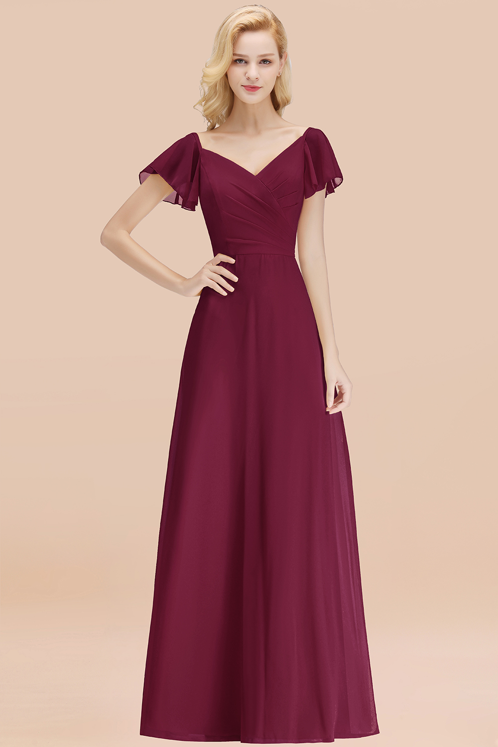 Elegant Mulberry V Neck Short Sleeves Chiffon A-line Long Bridesmaid Dress
