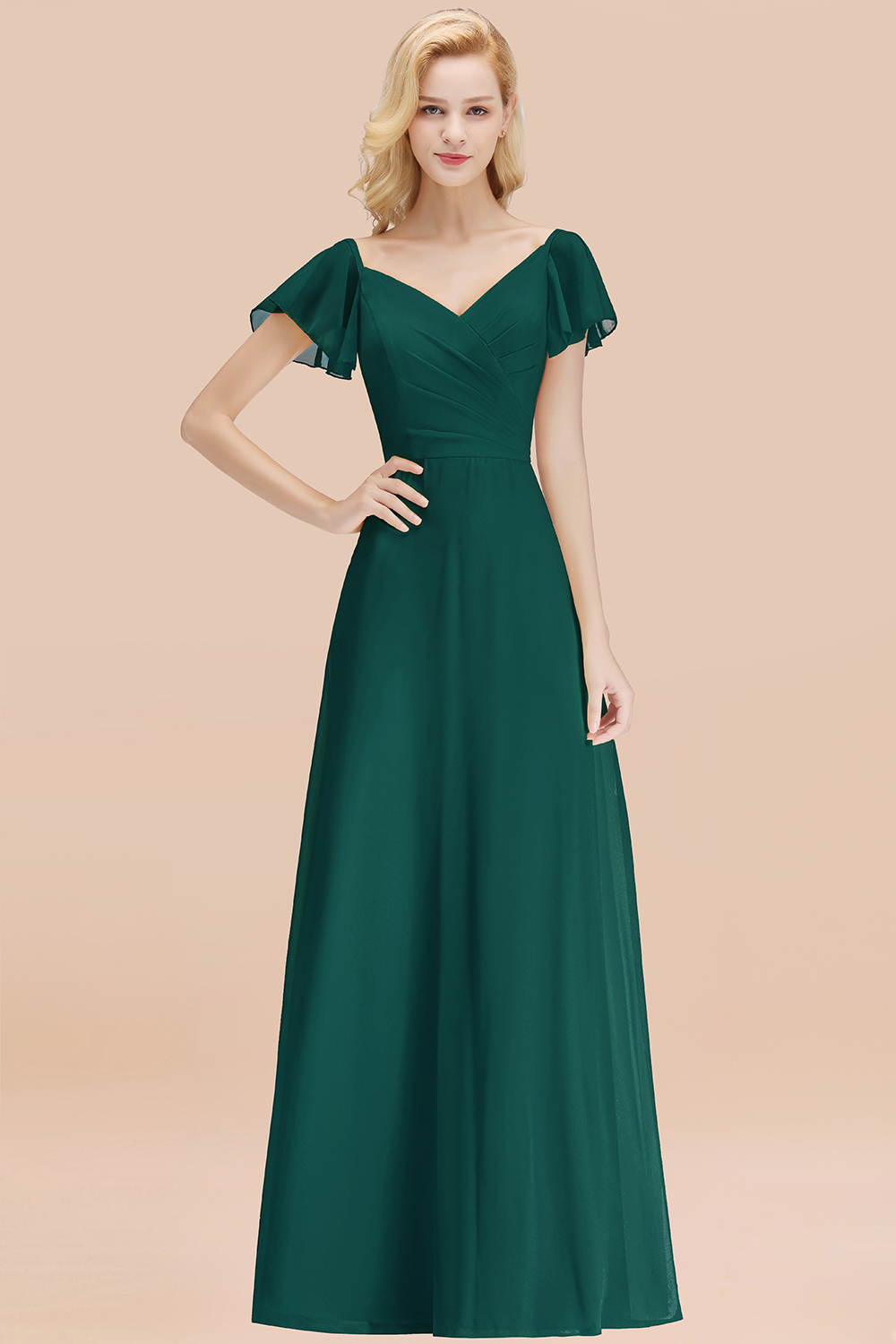 Elegant Peacock V Neck Short Sleeves Chiffon A-line Long Bridesmaid Dress