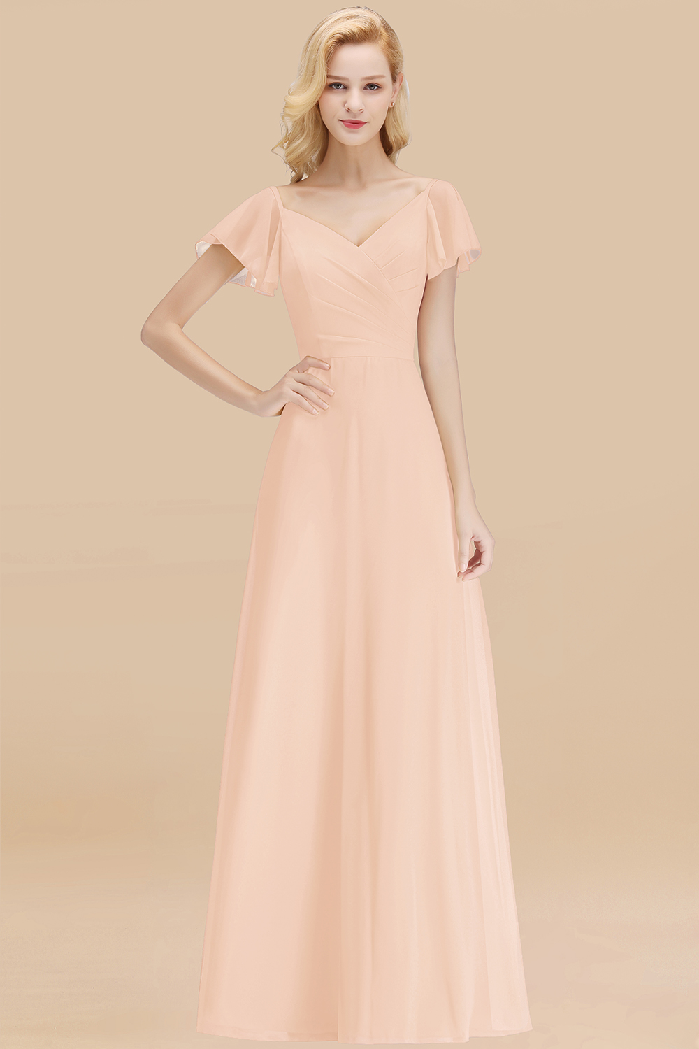 Elegant Pearl Pink V Neck Short Sleeves Chiffon A-line Long Bridesmaid Dress