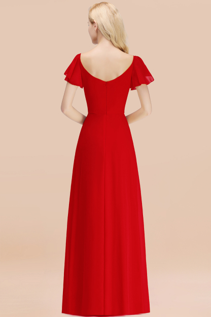 Elegant Red V Neck Short Sleeves Chiffon A-line Long Bridesmaid Dress